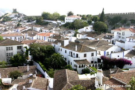 Postcard Obidos, vista geral da vila e seu muralha.