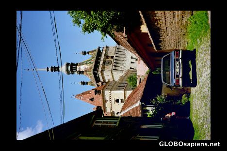 Postcard Orthodox church and an old car
