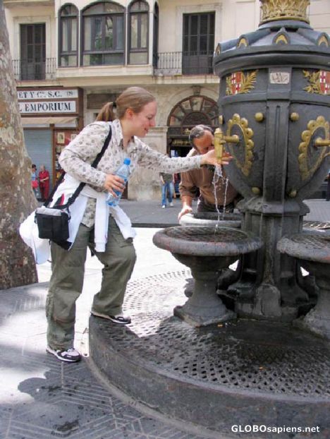 Postcard Beautiful Russian tourist in Canaletas Fountain