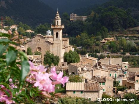 Postcard Sant Bartomeu Church (pink flowers)