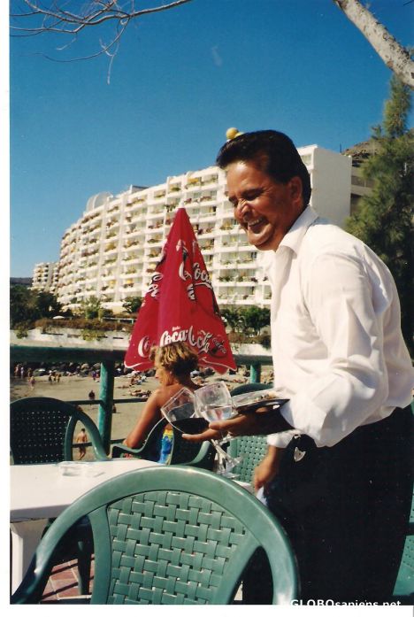 Postcard happy waiter?, Gran Canaria, not Tenerife!.