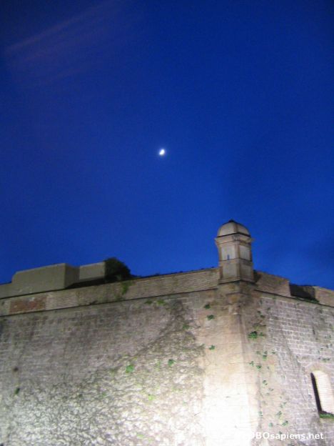 Postcard Montjuic Castle and the moon