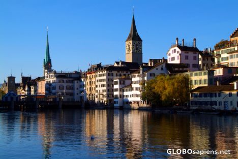 Postcard Zurich reflected in the river