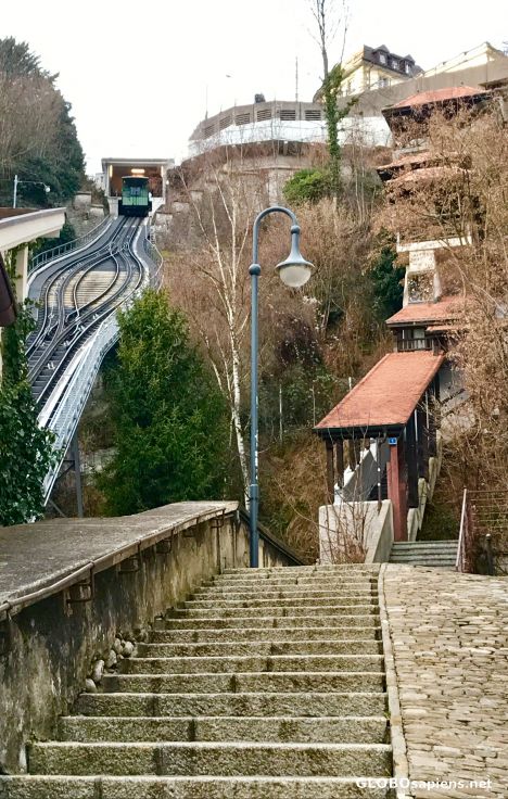 Postcard Fryburg. Funicular and stairs.