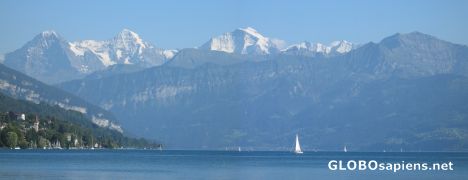 Postcard What a view Lake Thun (Eiger Mönch und Jungfrau)