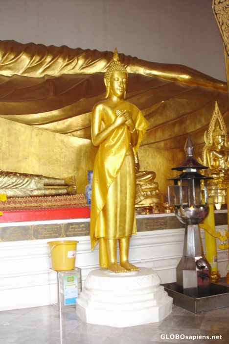 Postcard Statue of Monk next to Golden Buddha