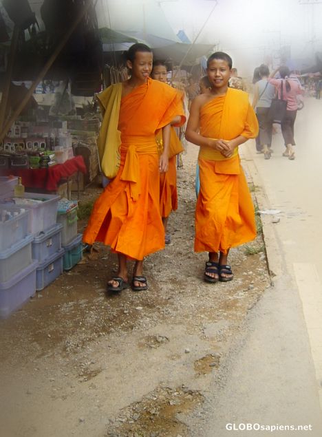 Postcard monks at the market