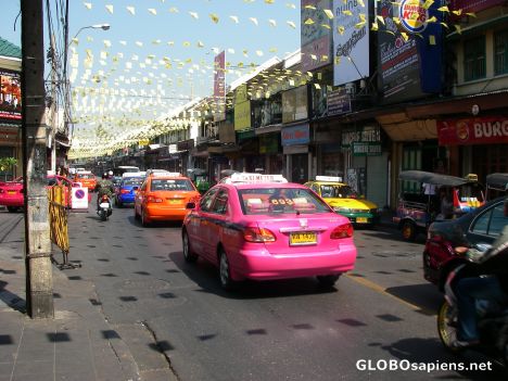 Postcard Colourful taxies on Tanao Rd.-corner of Khao San