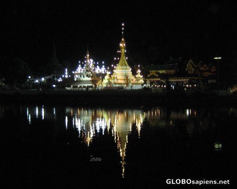 Postcard Lakeside Wat Jong Klang Temple at Night