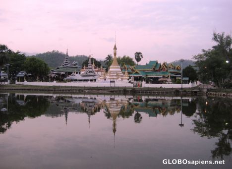 Postcard Lakeside Wat Jong Klang Temple at Dawn