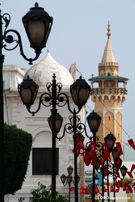 Postcard Tunis (TN) - lanterns, domes, minarets, flags