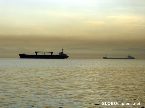 Postcard anchored ships at the gulf