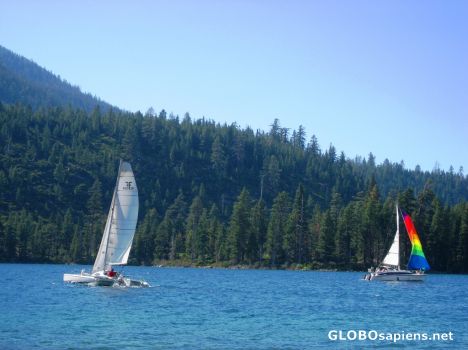 Postcard Pair of Sail Boats in Emerald Bay