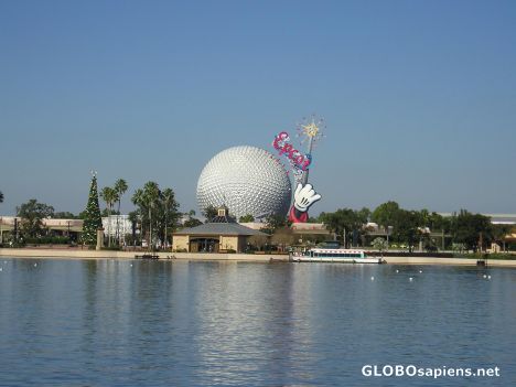 Postcard Spaceship Earth across the lagoon