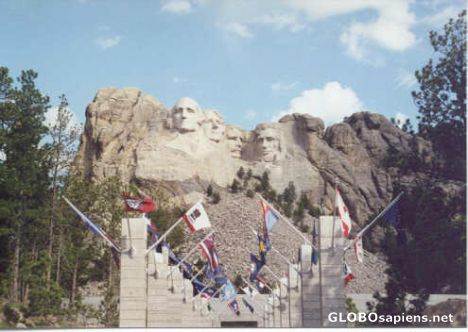 Postcard Mt. Rushmore Flags