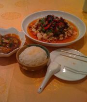 China Green Restaurant. From left: Sichuan peanut chicken, rice, chili prawns