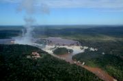 The entire Iguazu Falls seen from a helicopter.