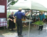 Amish with their traditional clothes selling their vegetables