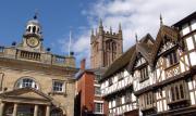 Butter Cross, timbered shops and St. Lawrence's Church as seen from Broad St., Ludlow