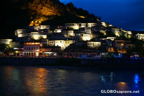 Postcard Berat (AL) - the Mangalemi district at night