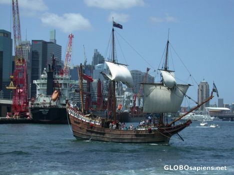 Postcard old sailing ship in sydney's darling harbour
