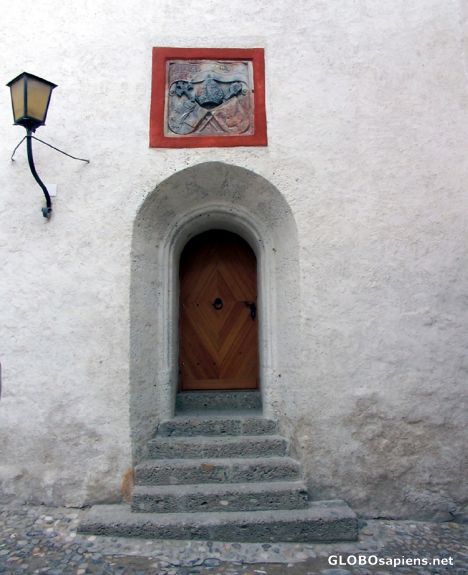 Postcard Above the door is the Leonhard coat of arm