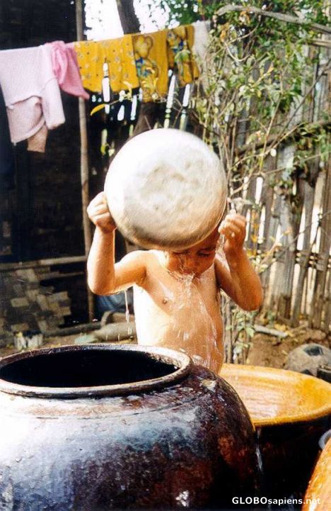 Postcard Village Boy's Morning Bath in Pagan