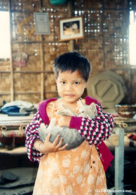 Postcard Village Girl and Kitten, Pagan