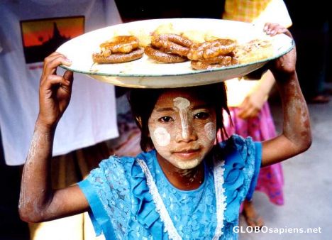 Postcard Vendor girl in Pagan market