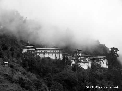 Postcard Dzong in the mist
