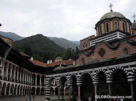 Postcard Church and main yard of the Rila Monastery