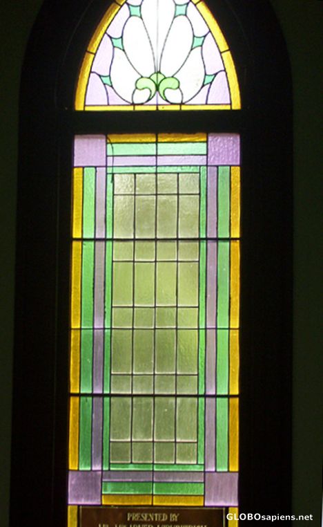 Postcard Dedicated windows in church, Patterson Settlements