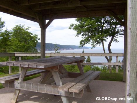 Postcard View of the coast from a picnic table
