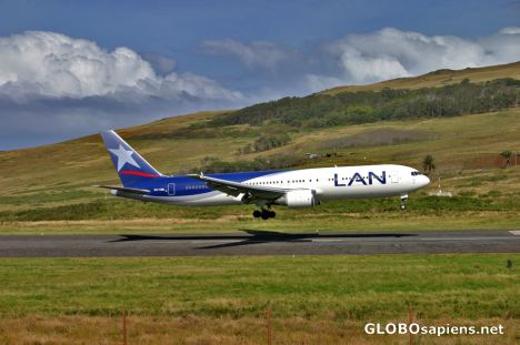 Postcard Mataveri Airport - LAN aircraft landing on RW28