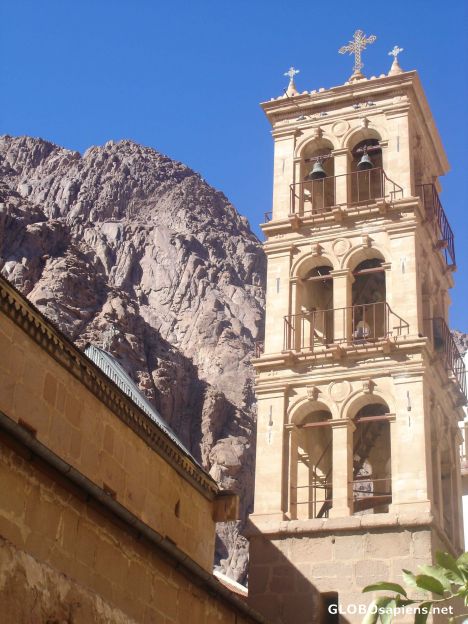 Postcard church tower with Mt Catherine