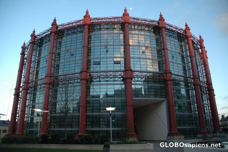 Postcard Gasometer building in Dublin.