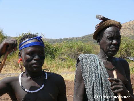 Postcard mursi father and son