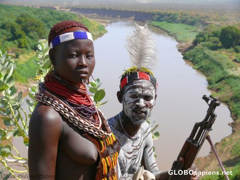 Postcard Karo couple by Omo river