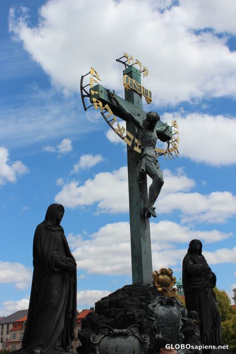 Postcard Jesus on the Cross placed on the Charles Bridge