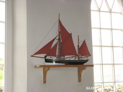 Postcard Viðareiði church ship