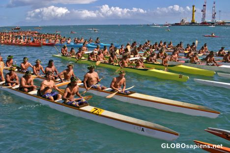 Postcard Papeete Harbor: July canoe races
