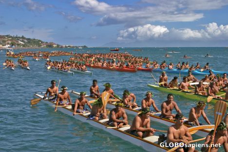 Postcard Papeete Harbor: July canoe races