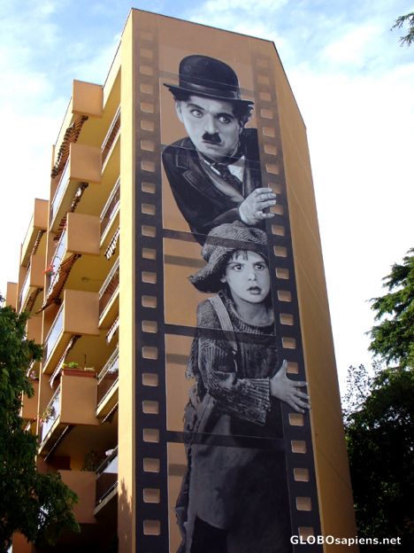 Postcard Charlie Chaplin on the wall