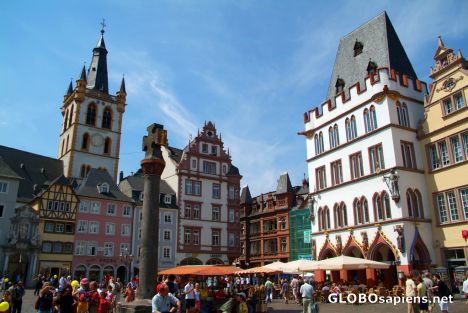 Postcard Trier - a stone cross on the market