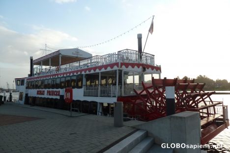 Postcard Cruise ship moored in the port of Kappeln