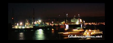 Postcard Hamburg shipping terminal at night