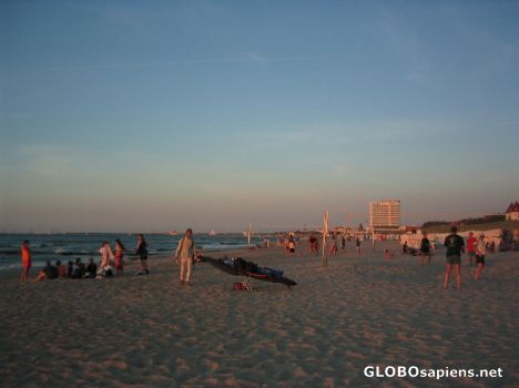 Postcard Warnemünde, Rostock. Beautiful beach at dawn