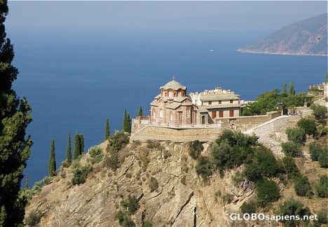 Postcard Athos. Chapel on the rock.