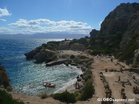 Postcard Loutraki. Ancient ruins near the sea.