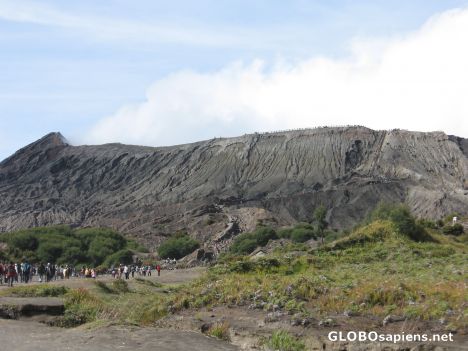 Postcard many people come to reach Bromo Mountain